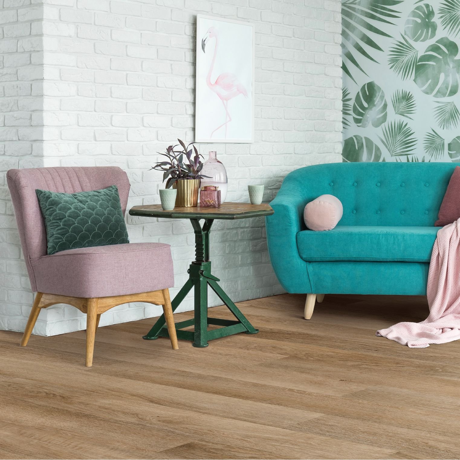 blue sofa and pink armchair on a brown hardwood floor from Eastern Floor Covering in Virginia area