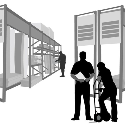 Grey-scale image of warehouse of Eastern Floor Covering in Virginia area